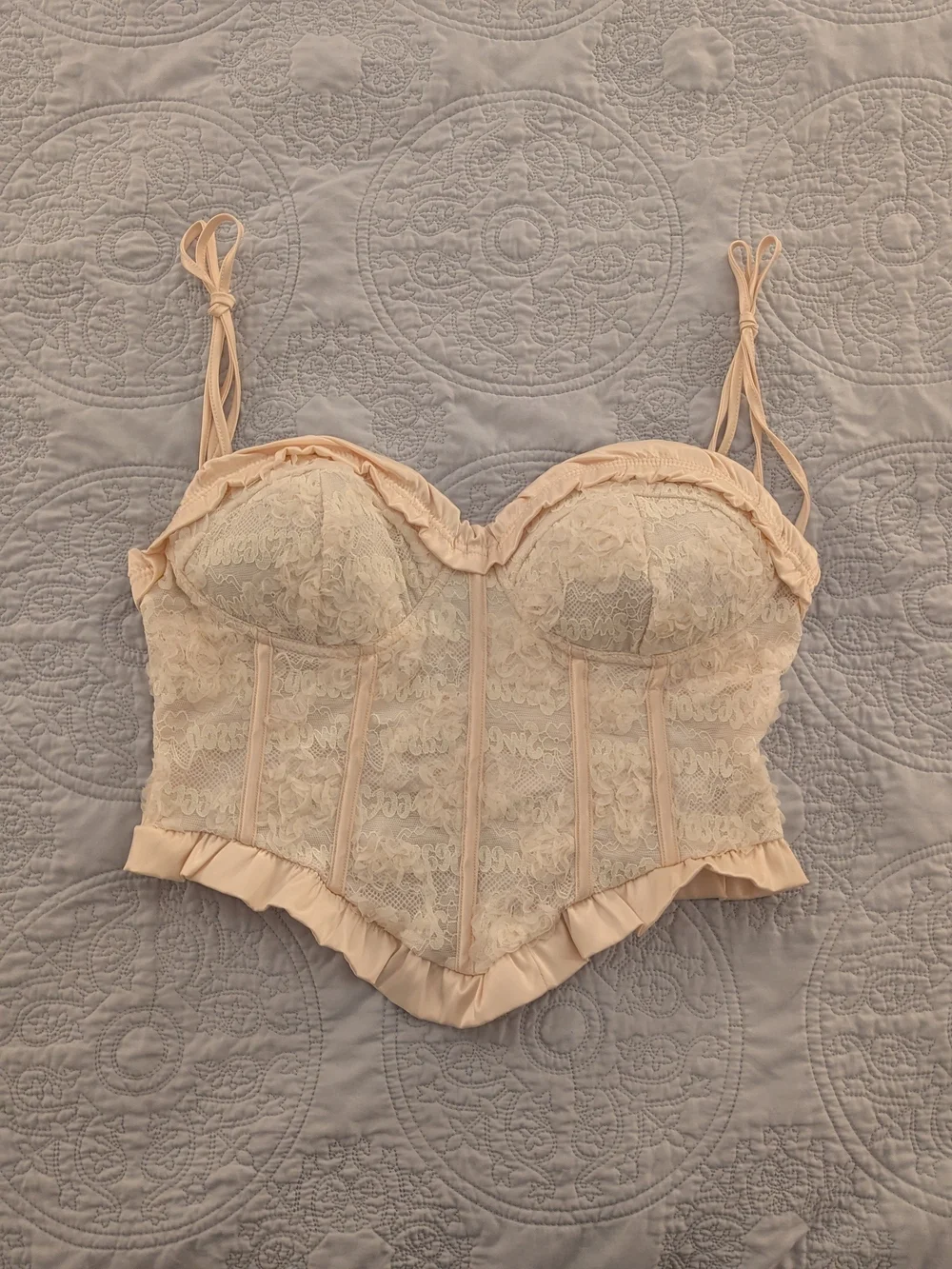 SHEIN Lace Ruffle Tie-Strap Corset Top - Cream - Picture 3 of 5
